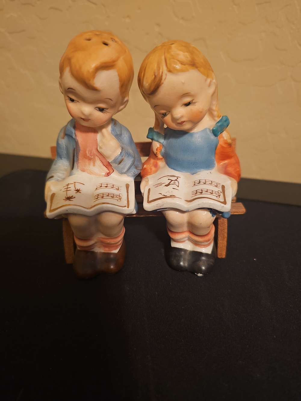 Vintage Ceramic Boy and Girl Figurine Salt & Pepper Shakers - Blue and Orange